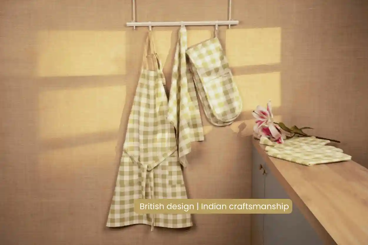 Checked 100% Cotton Apron Adjustable Neck, Long Waist Ties & 2 Front Pockets | Lively Green 