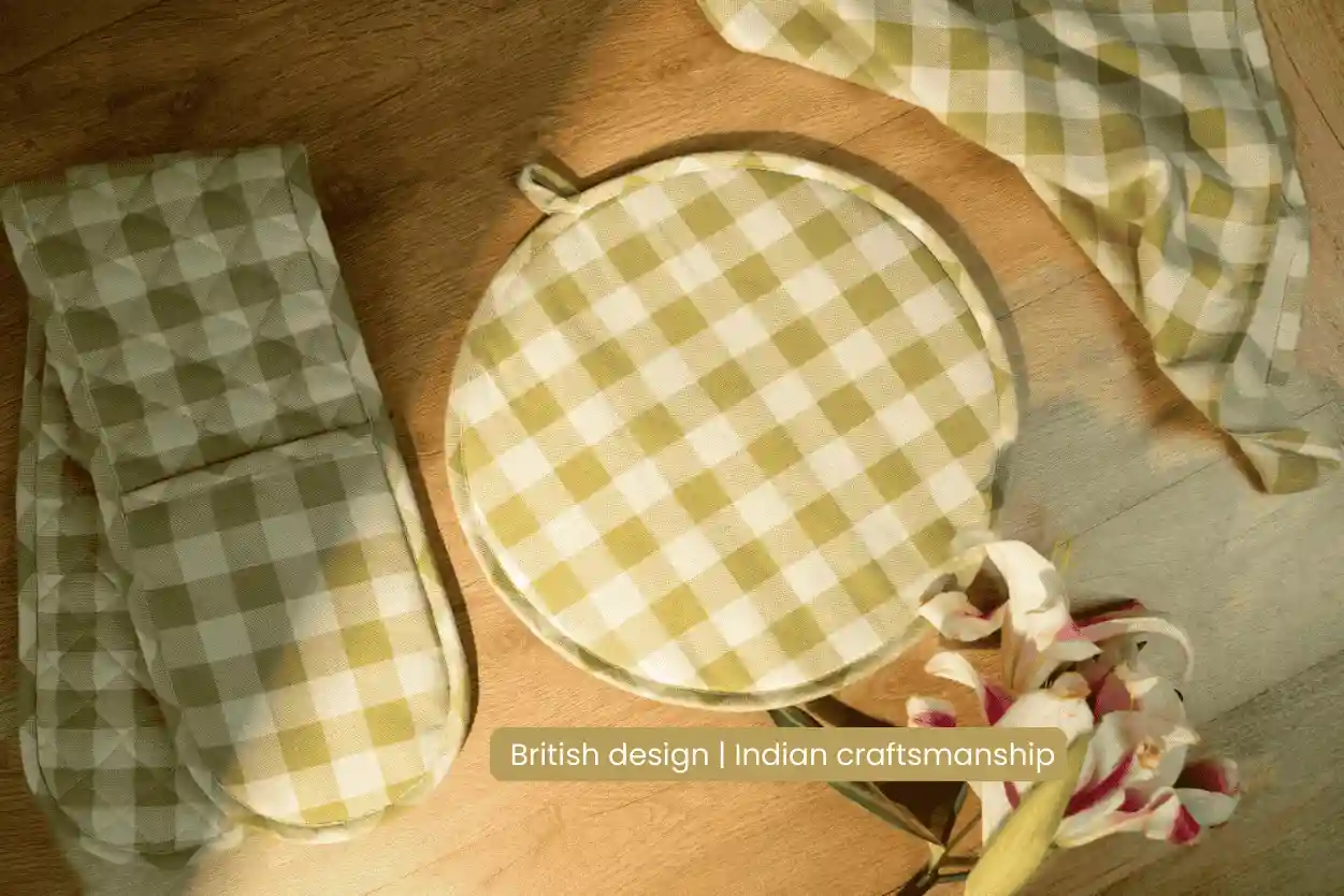 Checked 100% Cotton Double Oven Glove Heat Resistant with Hanging Loop | Lively Green 