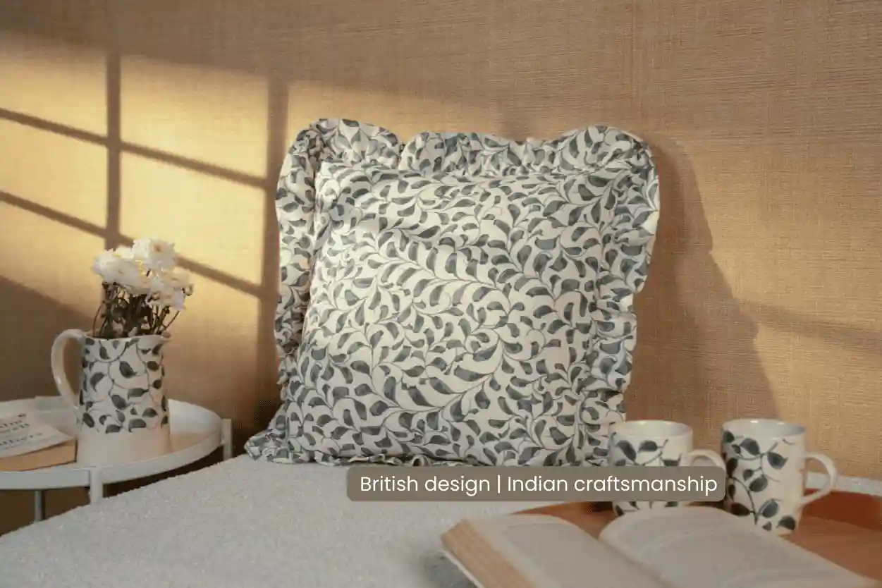 Scroll Cotton Cushion Cover with Frill | Lovable Blue (with Pad) 