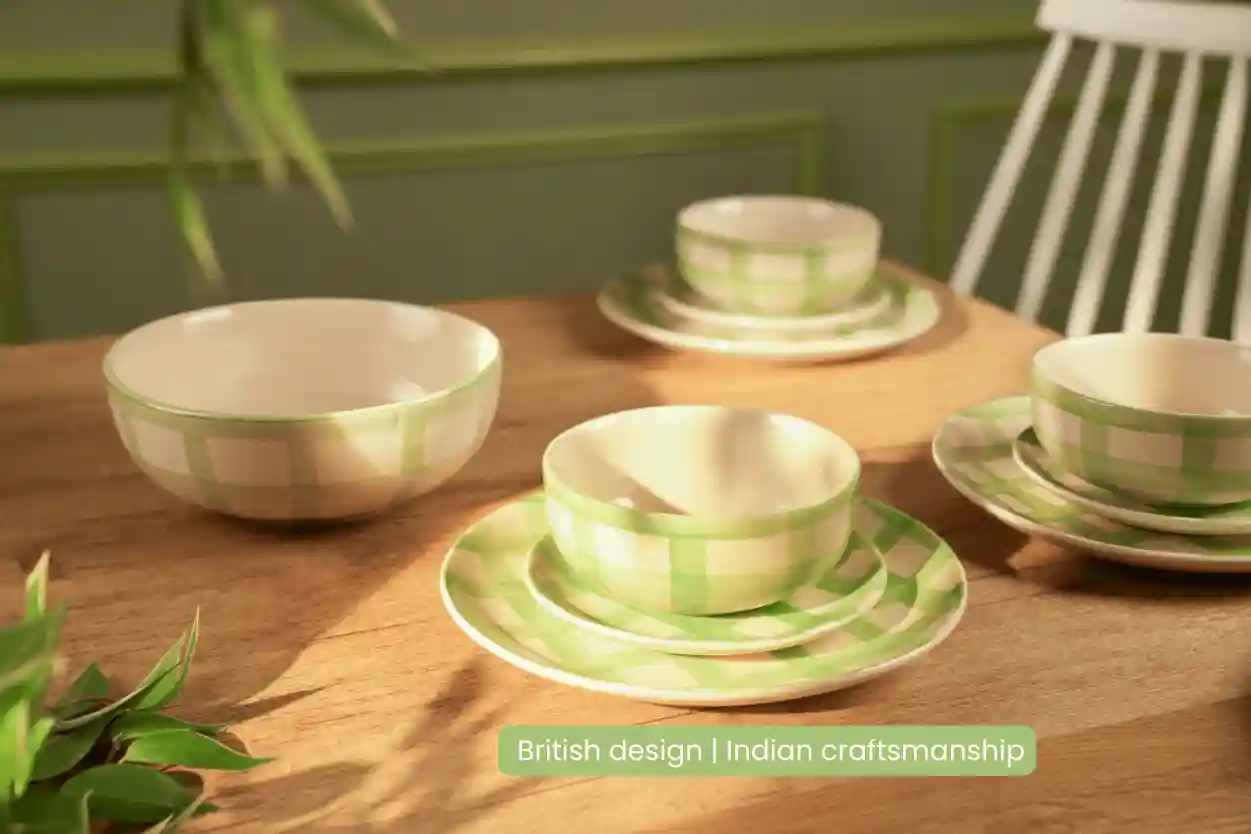 Checked Handmade & Hand Painted Stoneware Dinner Plates Set of 4 | Lively Green 