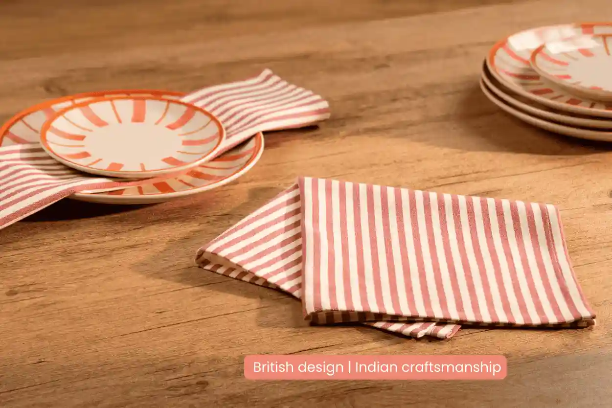 Striped Handmade & Hand Painted Stoneware Side Plates Set of 4 | Beautiful Rose 