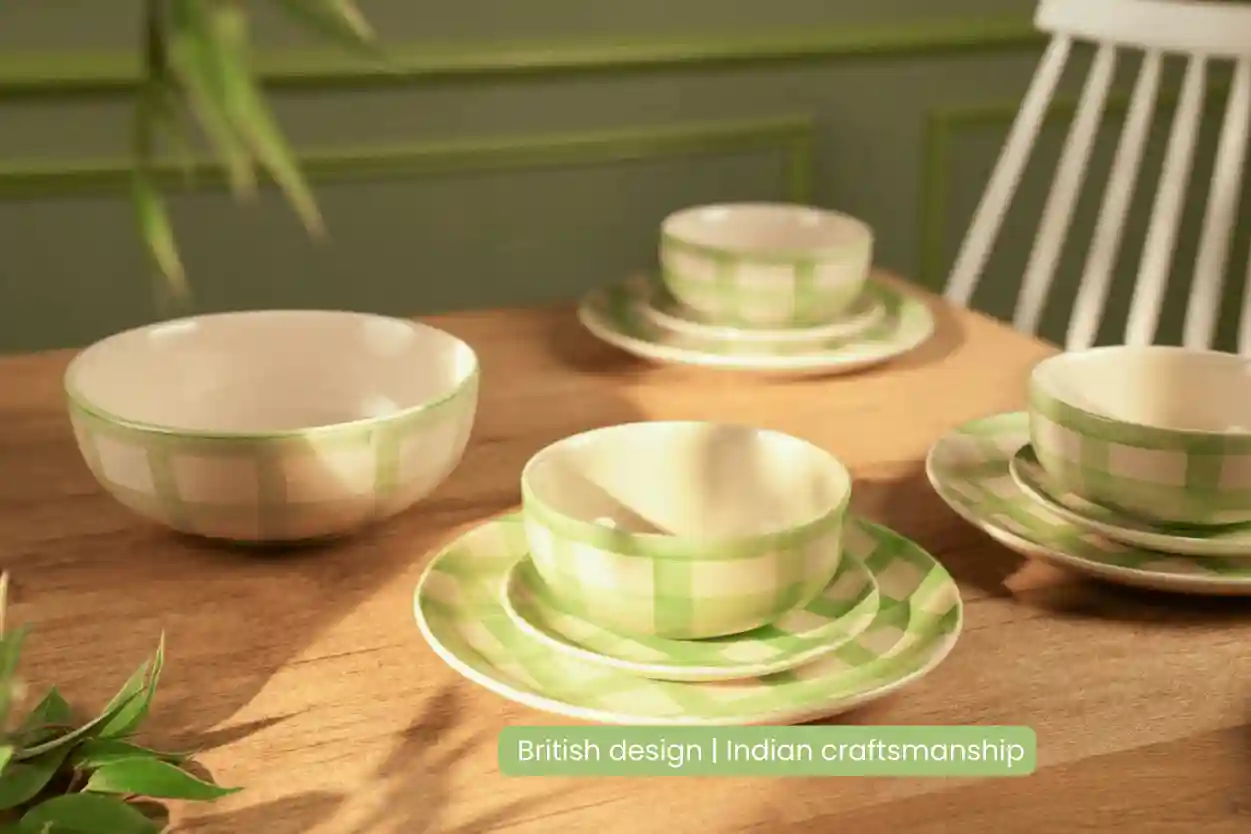 Checked Handmade & Hand Painted Stoneware Serving Bowls Set of 2 | Lively Green 