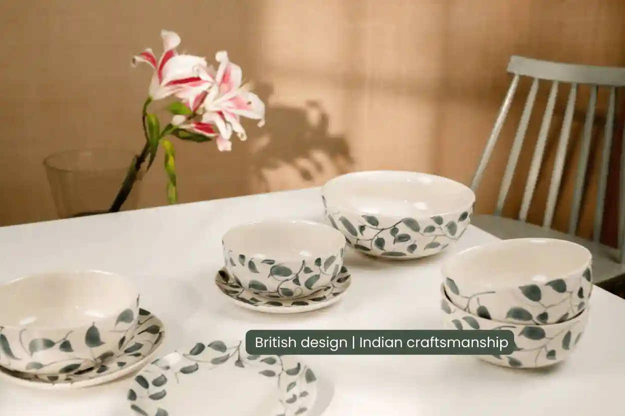 Scroll Handmade & Hand Painted Stoneware Serving Bowls Set of 2 | Lovable Blue 