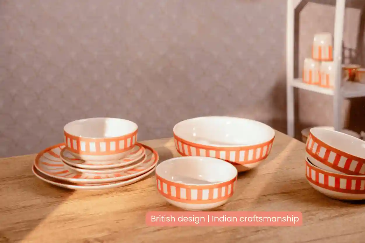 Striped Handmade & Hand Painted Stoneware Serving Bowls Set of 2 | Beautiful Rose 