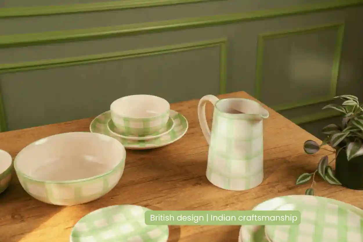 Checked Handmade & Hand Painted Stoneware Cereal Bowls Set of 4 | Lively Green 