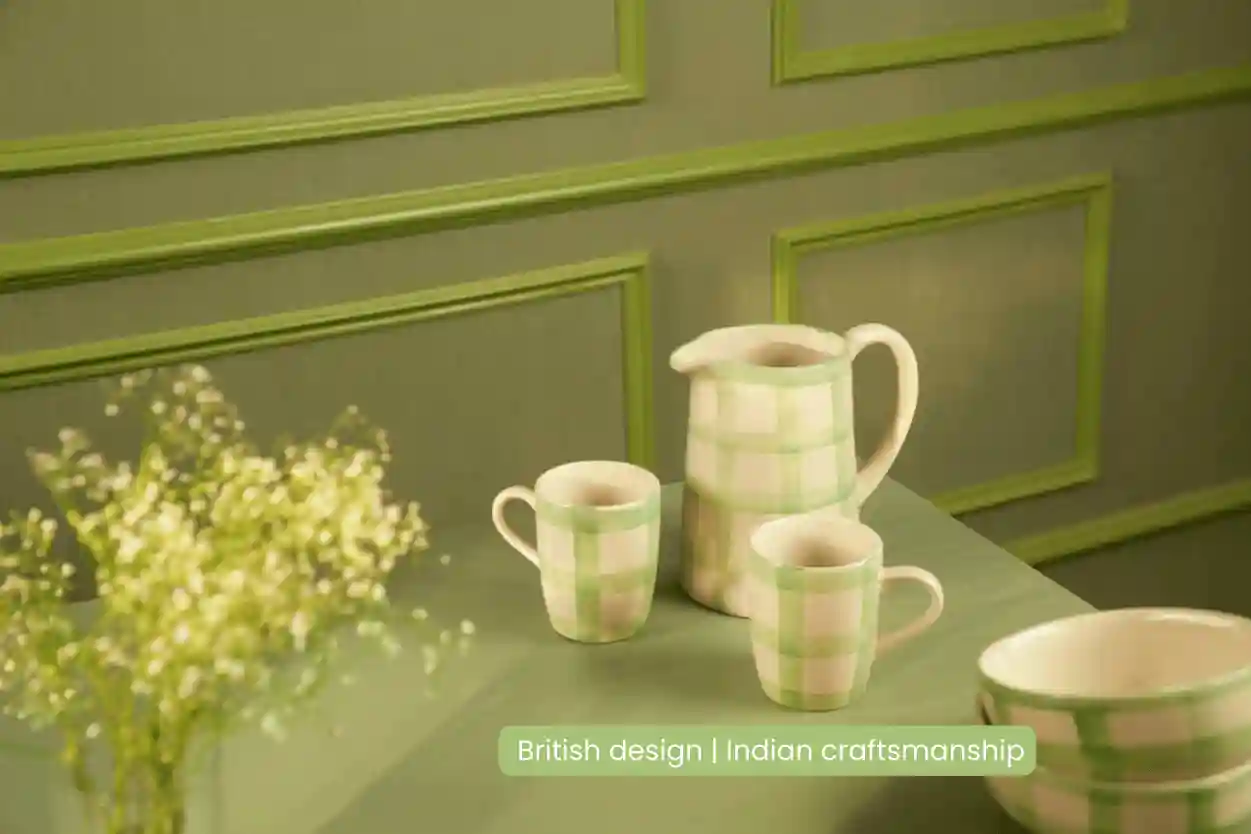 Checked Handmade & Hand Painted Stoneware Jug  1500ml | Lively Green 
