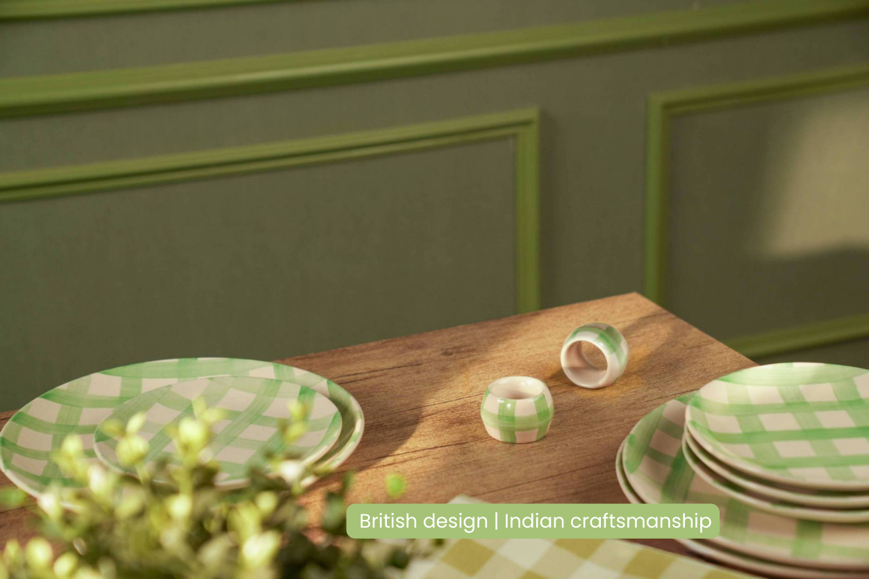 Checked Handmade Stoneware Napkin Rings Set of 4 |Lively Green 
