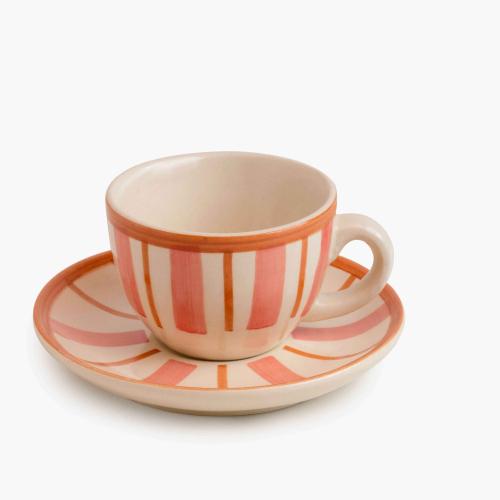 Striped Handmade & Hand Painted Stoneware Set of 4 Cups & Saucers | Beautiful Rose 