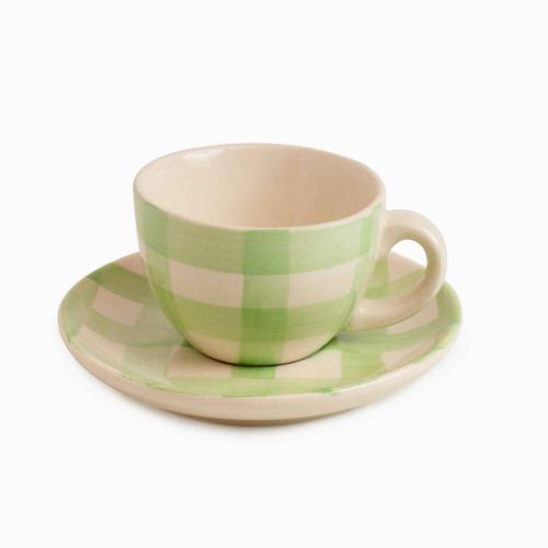 Checked Handmade & Hand Painted Stoneware Set of 4 Cups & Saucers | Lively Green 