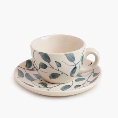 Scroll Handmade & Hand Painted Stoneware Set of 4 Cups & Saucers | Lovable Blue 